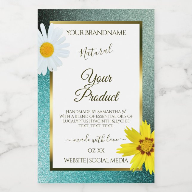 Floral Teal and Blue Glitter White Product Labels (Single Label)