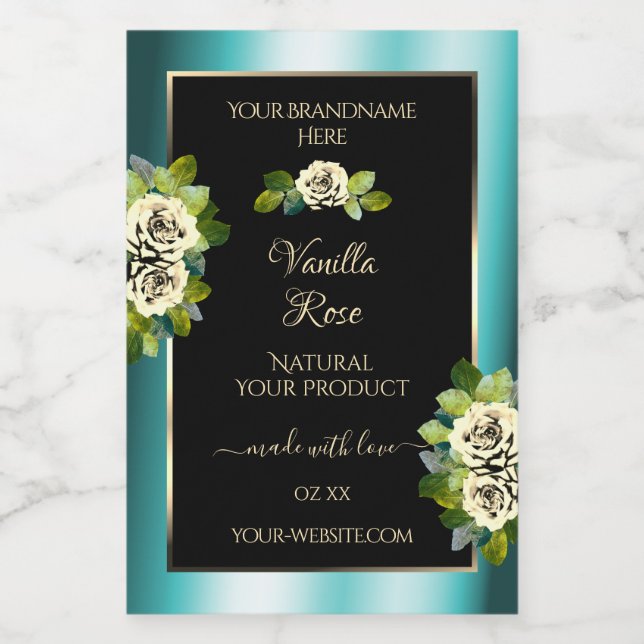 Floral Teal Black Gold Product Labels Leafy Roses (Single Label)