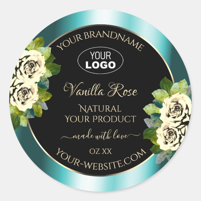 Floral Teal Black Gold Product Labels Roses Logo (Front)