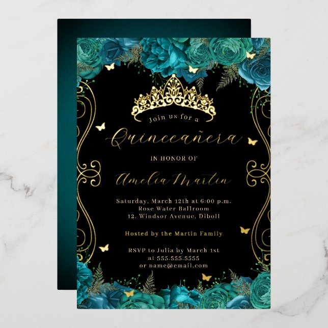 Floral Teal Black Gold Scroll Quinceanera  (Front/Back)