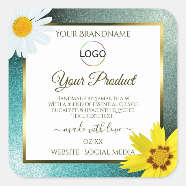 Floral Teal Blue Glitter White Product Labels Logo (Front)