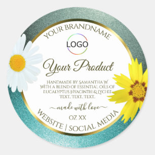 Floral Teal Blue Glitter White Product Labels Logo