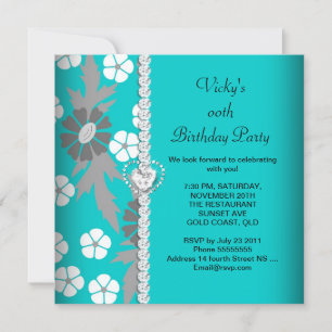 Floral Teal Blue Grey White Birthday Party Invitation