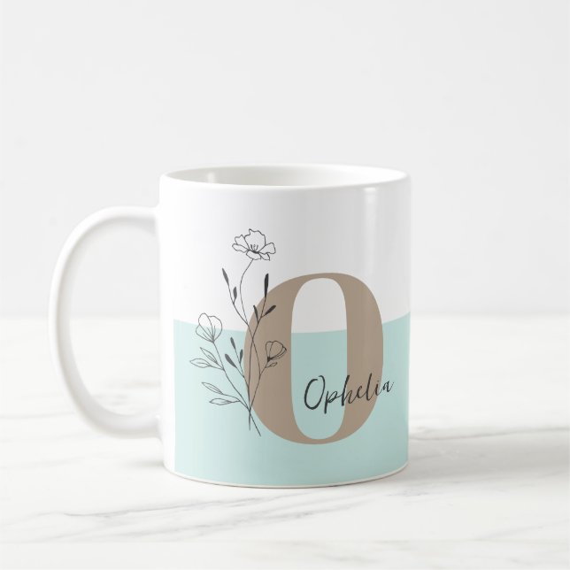 Floral Teal Bold Monogram Name  Coffee Mug (Left)