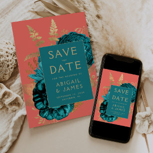 Floral Teal Coral Gold Wedding Save the Date Invitation