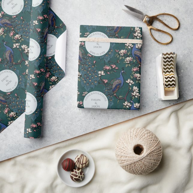 Floral Teal Engagement Peacocks Wrapping Paper (Crafts)