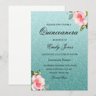 Floral Teal faux glitter Quinceanera Invitation