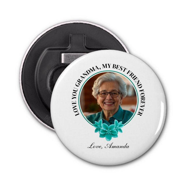 Floral Teal Frame Grandkid to Grandma Photo Bottle Opener (Front)