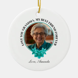 Floral Teal Frame Grandkid to Grandma Photo Ceramic Ornament