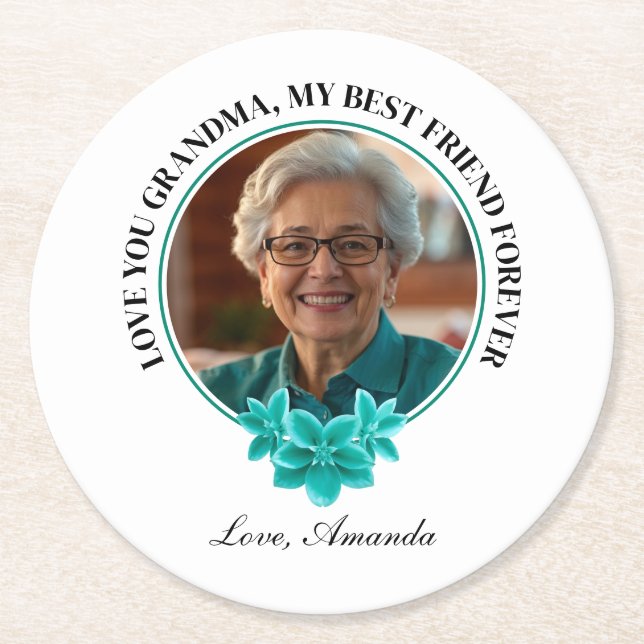 Floral Teal Frame Grandkid to Grandma Photo Round Paper Coaster (Front)