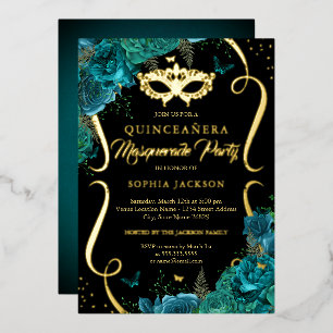 Floral Teal Gold Scroll Masquerade Quinceanera