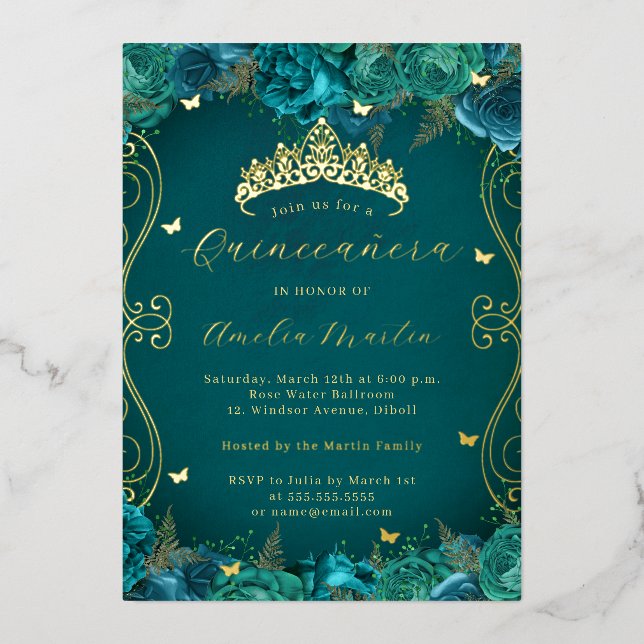 Floral Teal Gold Scroll Quinceanera  (Front)