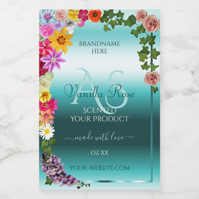 Floral Teal Gradient Product Labels with Monogram (Single Label)