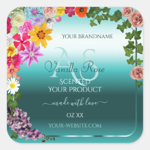 Floral Teal Gradient Product Labels with Monogram