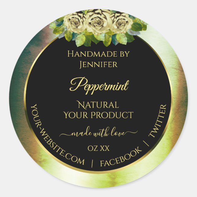 Floral Teal Green Marble Black Product Label Roses (Front)