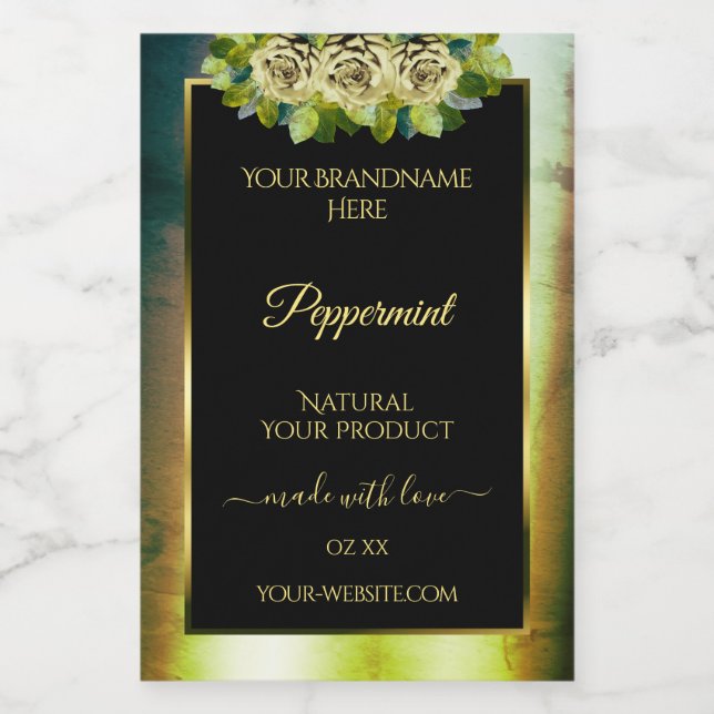 Floral Teal Green Marble Black Product Label Roses (Single Label)