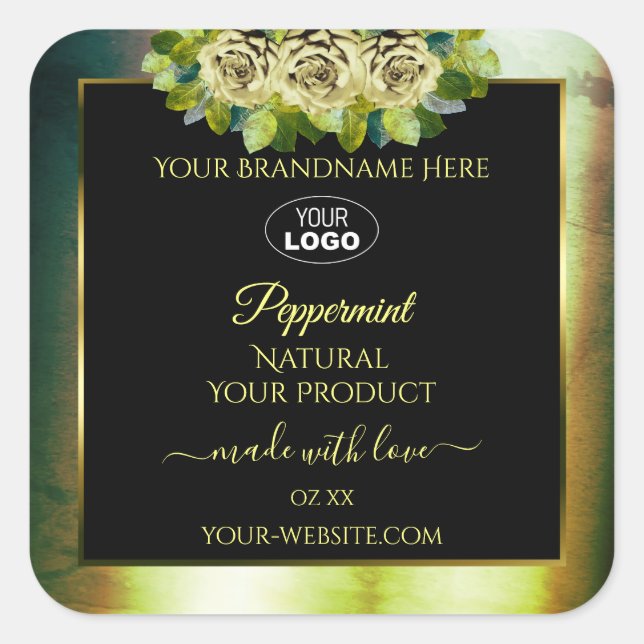Floral Teal Green Marble Black Product Labels Logo (Front)