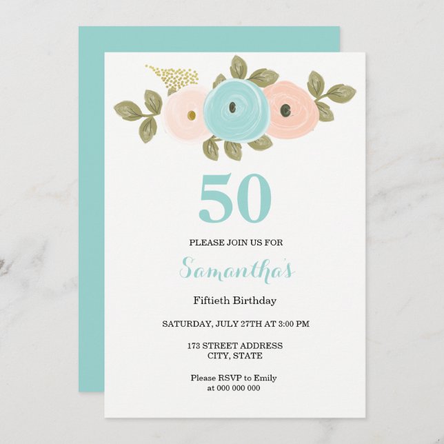 Floral Teal & Peach 50th Birthday Party Invitation (Front/Back)