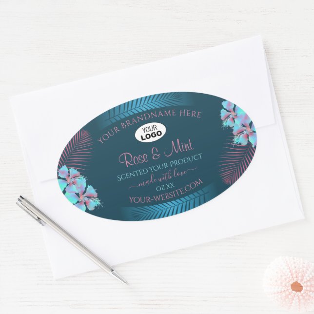 Floral Teal Product Labels Pink Palm Leaves Logo (Envelope)