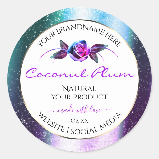 Floral Teal Purple Glitter White Product Labels (Front)