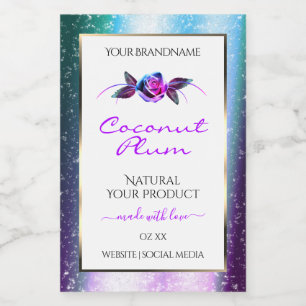 Floral Teal Purple Glitter White Product Labels