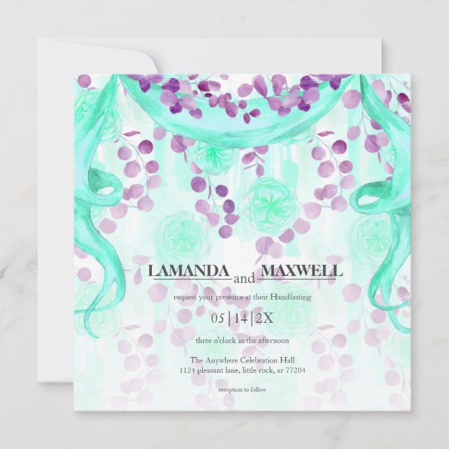 Floral Teal Ribbon Handfasting Wedding Invitation (Front)
