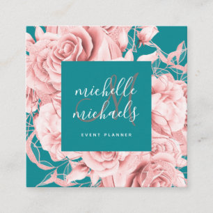 Floral Teal & Rose Gold Modern Script Monogram Square Business Card