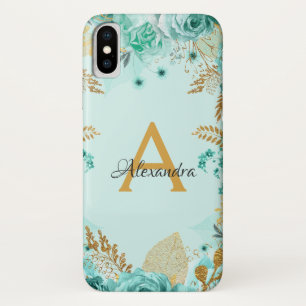 Floral Teal Roses and Gold Foil Monogram Case-Mate iPhone Case