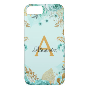 Floral Teal Roses and Gold Foil Monogram Case-Mate iPhone Case