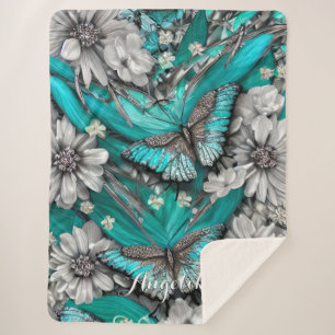 Floral Teal Silver Butterflies Personalized Name Sherpa Blanket