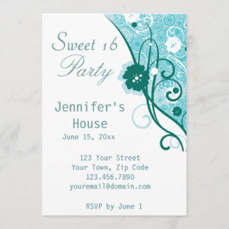 Floral Teal - Sweet 16 Party Invitation