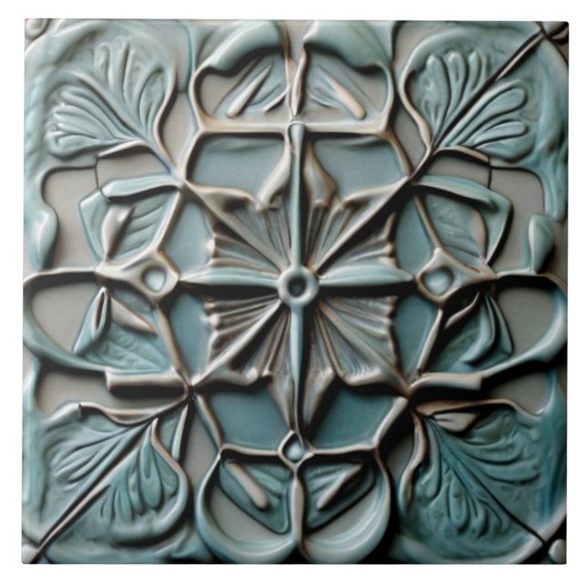 Floral Teal Turquoise Faux Relief Flower Cross Tile (Front)