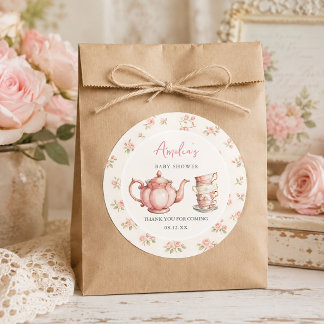 Floral Teapot and Tea Cups Pink Baby Shower Classic Round Sticker