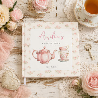 Floral Teapot and Tea Cups Pink Baby Shower Guest Book