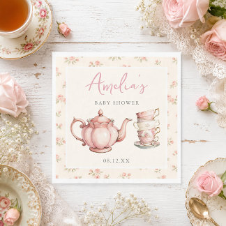 Floral Teapot and Tea Cups Pink Baby Shower Napkin