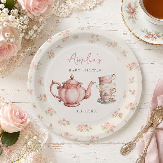 Floral Teapot and Tea Cups Pink Baby Shower Paper Plate