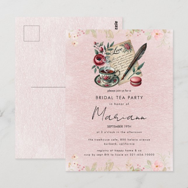 Floral Teapot Bridal Shower Tea Party Invitation Postcard (Front/Back)