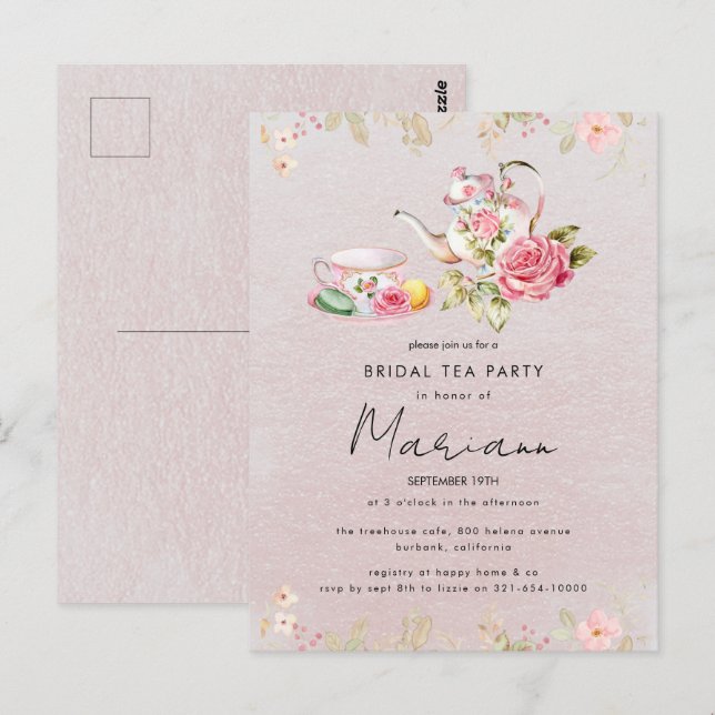 Floral Teapot Bridal Shower Tea Party Invitation Postcard (Front/Back)