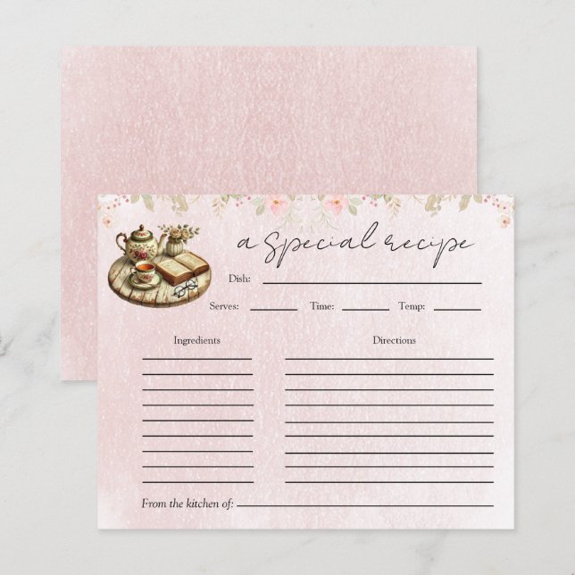 Floral Teapot Bridal Shower Tea Party Recipe Card (Front/Back)
