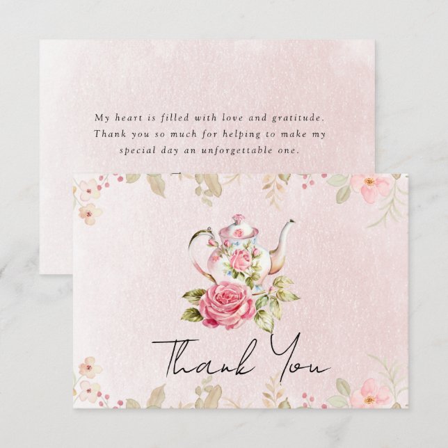 Floral Teapot Bridal Shower Tea Party Thank You Card (Front/Back)