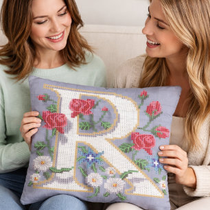 Floral Teapot Cross Stitch Style Throw Pillow