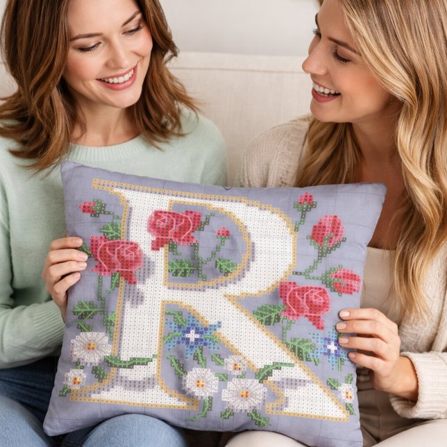Floral Teapot Cross Stitch Style Throw Pillow (Creator Uploaded)