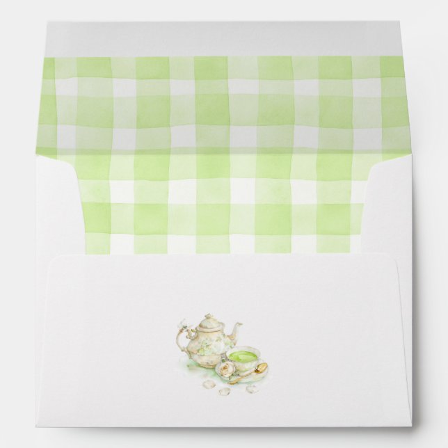 Floral Teapot Cup Of Tea Green Bow Gingham Envelope (Back (Bottom))