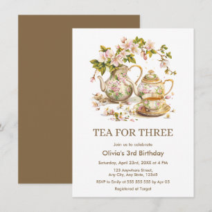 Floral Teapot Tea for Three 3rd Birthday Invitation