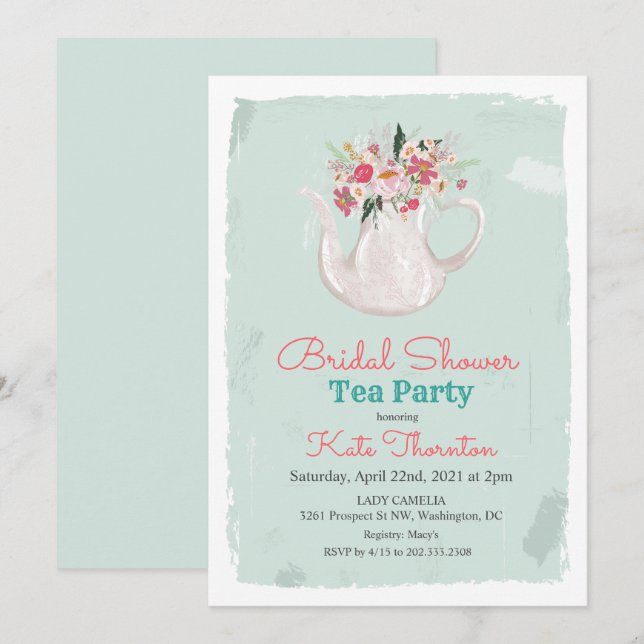 Floral Teapot Tea Party Bridal Shower Invitation (Front/Back)