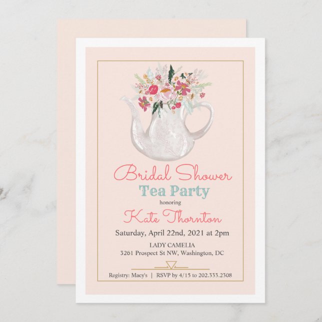 Floral Teapot Tea Party Bridal Shower Invitation (Front/Back)