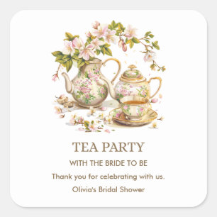 Floral Teapot Tea Party Bridal Shower Thank You  Square Sticker