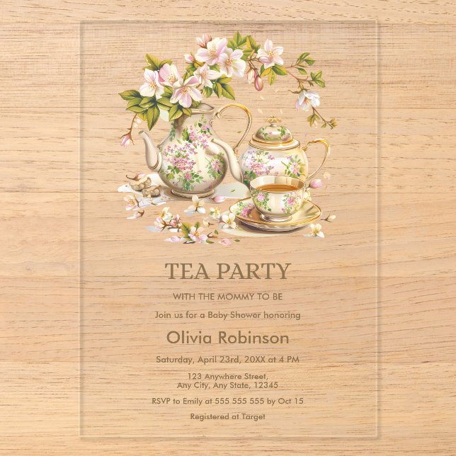 Floral Teapot Tea Party Time for Tea Baby Shower  Acrylic Invitations (Front)