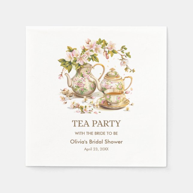 Floral Teapot Tea Party Time for Tea Bridal Shower Napkin (Front)