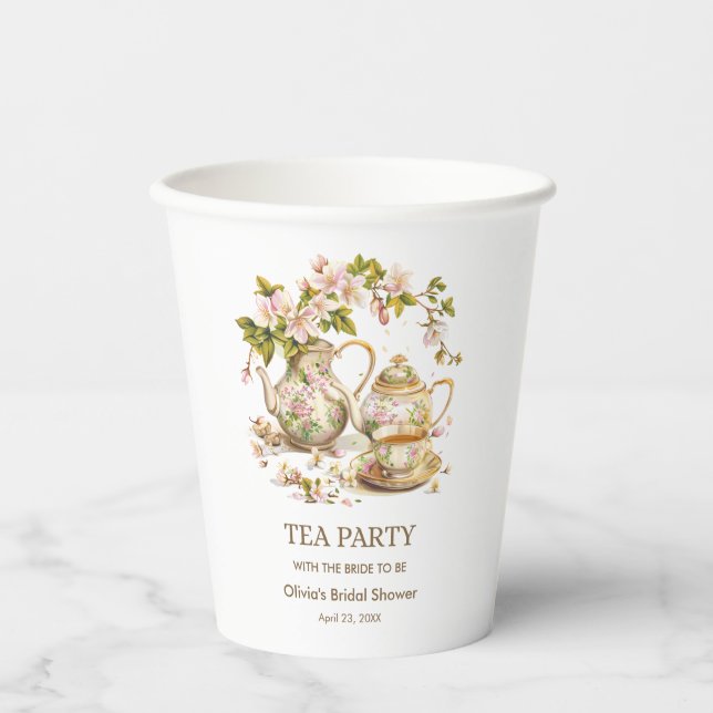 Floral Teapot Tea Party Time for Tea Bridal Shower Paper Cups (Front)